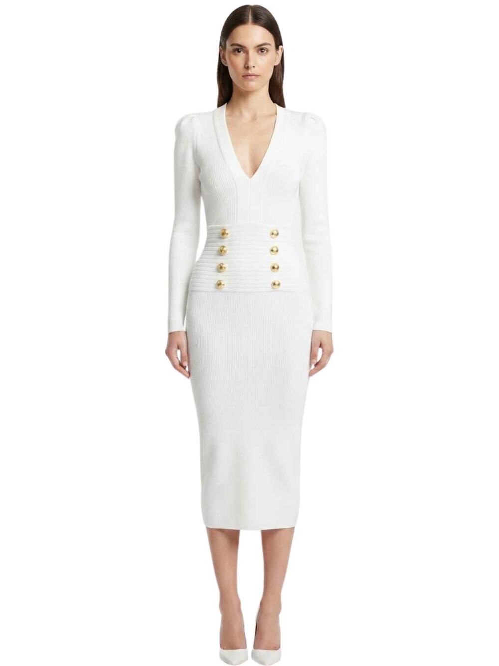 Balmain Ribbed Gold Button Long Sleeve Bodycon Midi Dress White Women's Size 34